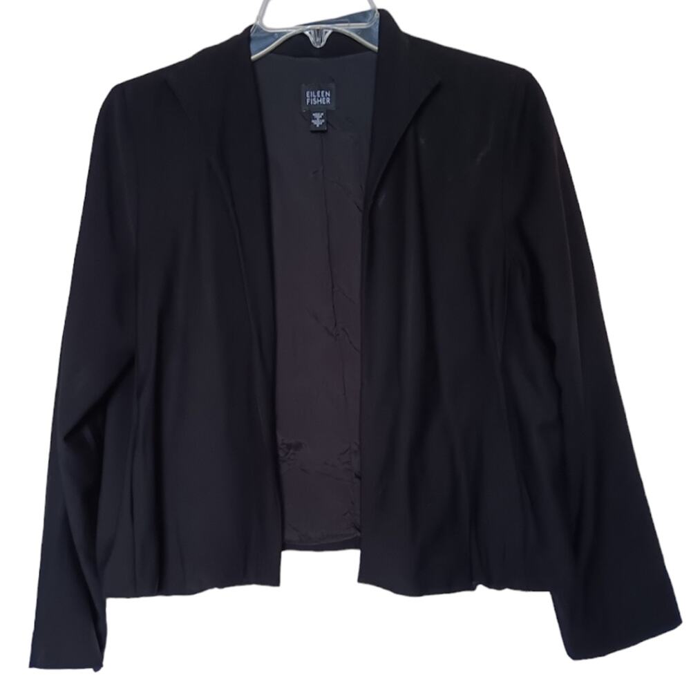 Eileen Fisher Open Front Wool Blend Crop Blazer Jacket Black size Small